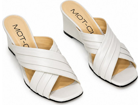 Light beige leather wedge mules