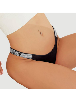 Plus Size Σέξι Γυναικείο String Με Στρας Sexy Thong Love Letter Rhinestones G String Diamonds Thong Low Waist - Μαύρο