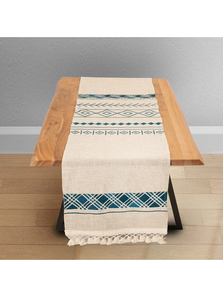Λινή Κεντημένη Τραβέρσα 40x170 Μπεζ/Μπλε Ilis Home
