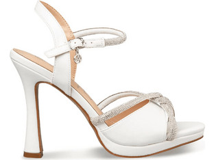Envie Shoes Γυναικεία Πέδιλα Δερμάτινα Λευκά με Λεπτό Ψηλό Τακούνι Φιάπα και Στρας E83-23052