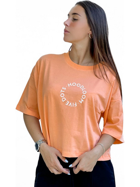 Hoodloom T-Shirt Crop με Τύπωμα 5Dots - Ροδακινί