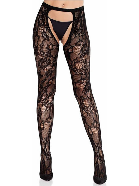 Rose Lace Crotchless Tights with Open Back - Black O/S