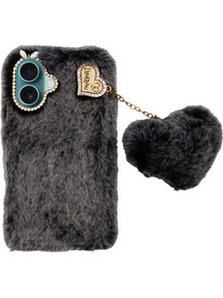 Vivid Fluffy Plush Θήκη με Heart-Shaped Chain Grey/Black (iPhone 16 Plus)