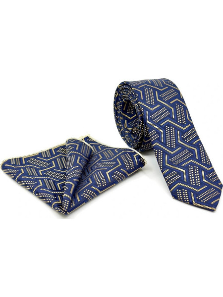 Navy-Χρυσαφί Σχεδιαστική Γραβάτα Microfiber Σετ με Μαντήλι 6,5 cm