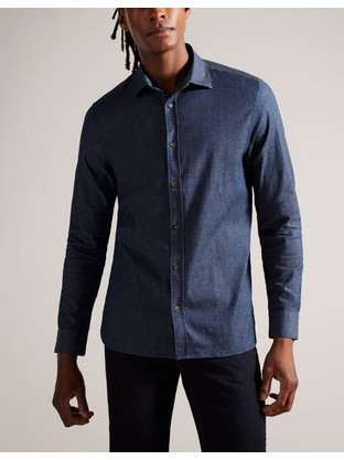 Ted Baker Ανδρικό Πουκάμισο Τζιν Μακρυμάνικο Slim Fit Μπλε 272625