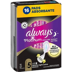 Always Platinum Secure Night Extra Μέγεθος 5 Σερβιέτες με Φτερά για Αυξημένη Ροή 7 Σταγόνες 16τμχ