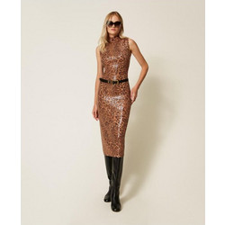 TWINSET Midi Βραδινό Φόρεμα Μεταξωτό & Παγιέτες Καφέ 252TP3610-12737