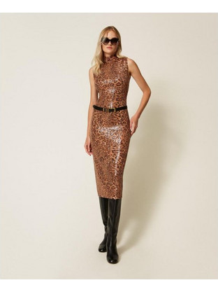 TWINSET Midi Βραδινό Φόρεμα Μεταξωτό & Παγιέτες Καφέ 252TP3610-12737