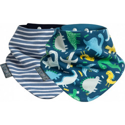 Cheeky Chompers Dino & Stripes Σετ Σαλιάρες Μπαντάνα από 100% Βαμβάκι με Κουμπί Πετρόλ Μπλε 2τμχ