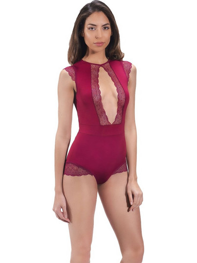 Cottonhill Sexy Κορμάκι Slip με Δαντέλα Μπορντό CH1869