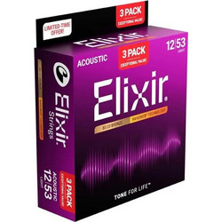 Elixir Strings Nanoweb 3-Pack Σετ 6 Χορδές Ακουστικής Κιθάρας 80/20 Bronze 12-53" Light Tension