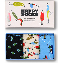 Happy Socks Hook, Line, Sinker Ανδρικές Κάλτσες Ψηλές με Σχέδια Τιρκουάζ Μαύρες Μπεζ 3Pack P006057