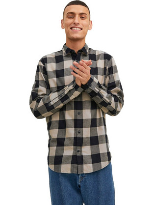 Jack & Jones Ανδρικό Πουκάμισο Βαμβακερό Καρό Μακρυμάνικο Slim Fit Μαύρο Μπεζ 12181602