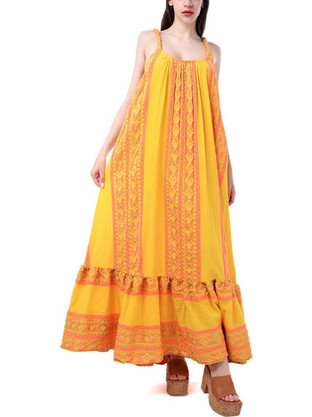Lace Midi Καλοκαιρινό Καθημερινό Φόρεμα Κίτρινο Μ-8423