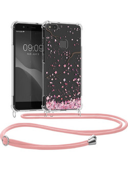 KWmobile Διάφανη Θήκη Σιλικόνης με Λουράκι Λαιμού - Huawei P10 Lite - Cherry Blossoms / Cherry Petals / Pink / Dark Brown / Transparent (50117.04)