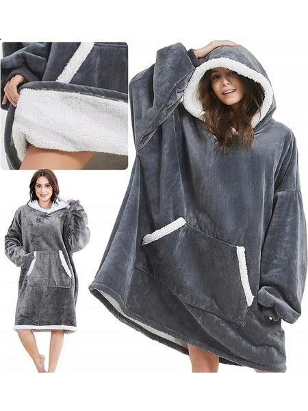 Hoodie Κουβέρτα Φούτερ βελουτέ με Κουκούλα και τσέπες XXL σε Γκρι Χρώμα - Aria Trade