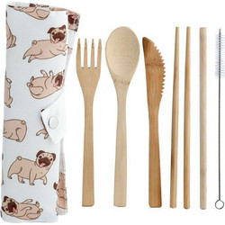Puckator Σετ Μαχαιροπίρουνα από Bamboo σε θήκη από καμβά Mopps Pug (6τμχ)