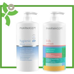 Pharmasept Pharmasept Hygienic Shower Αφρόλουτρο για Υγιεινό Καθαρισμό Ενυδάτωση και 24Ωρη Φρεσκάδα, 1L & Kids Care Soft Bath Απαλό Παιδικό Αφρόλουτρο για Σώμα και Ευαίσθητη Περιοχή, 1L (890 & 211)