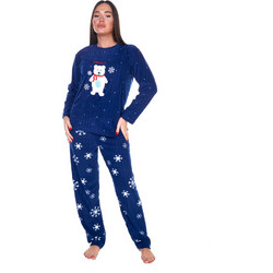 Comfort Σετ Γυναικείες Πιτζάμες Χειμωνιάτικες Fleece Μπλε
