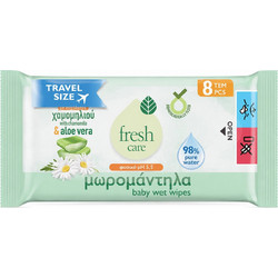 Fresh Care Travel Size Μωρομάντηλα με Χαμομήλι & Αλόη Βέρα 8τμχ