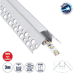 GLOBOSTAR(R) ALP-PLASTERIN GYPSO 70821-3M Χωνευτό Προφίλ Αλουμινίου Ειδικό για Εξωτερική Γωνία Γυψοσανίδας με Λευκό Γαλακτερό Πατητό Κάλυμμα για Ταινίες LED IP20 - Ασημί & Λευκό - Μ300 x Π4.5 x Υ2cm -