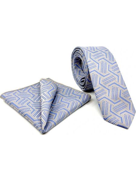 Σιέλ-Ασημί Σχεδιαστική Γραβάτα Microfiber Σετ με Μαντήλι 6,5 cm