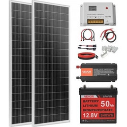 VVEVOR 200W 12V Πλήρες Κιτ Ηλιακής Ενέργειας, 2 τεμάχια 100W Μονοκρυσταλλικά Ηλιακά Πάνελ + Μπαταρία 12,8V 50Ah LiFePO4 + Ρυθμιστής Φόρτισης 40A + Μετατροπέας Ισχύος 800W, Ιδανικό για RV Σπίτι Κατασκή