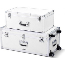 VEVOR Metal Storage Trunk, Set of 2, Wooden Suitcase Storage Boxes with Padlocks, Large Trunk Includes Casters and 3 Metal Handles, Decorative Store Chest with Lids for Travel, Apartment, Dorm, White