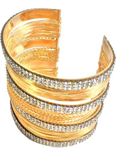 Γυναικείο Βραχιόλι cuff 7cm με βέργες λεπτές και διαμαντάκια σε Χρυσό χρώμα - OEM