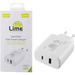 Lime LTC75W Φορτιστής χωρίς Καλώδιο με Θύρα USB-A & Θύρα USB-C 75W Quick Charge 3.0 & Power Delivery White