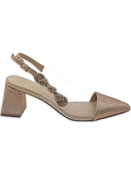 Menbur Γόβες Slingback Δερμάτινες με Χοντρό Χαμηλό Τακούνι & Στρας Χρυσές 23829-0038