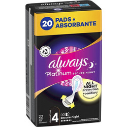 Always Platinum Secure Night Μέγεθος 4 Σερβιέτες με Φτερά για Αυξημένη Ροή 6 Σταγόνες 20τμχ