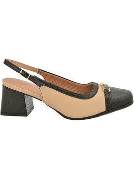 Piccadilly Ανατομικές Γόβες Slingback Δερμάτινες με Χοντρό Χαμηλό Τακούνι Μαύρες Nude 748032-1