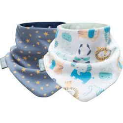 Cheeky Chompers Animals & Stars Σετ Σαλιάρες Μπαντάνα από 100% Βαμβάκι με Κουμπί Λευκή Μπλε 2τμχ
