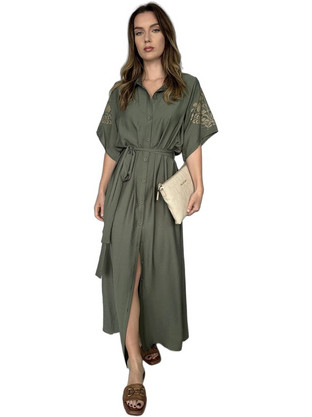 Silky Collection Maxi Καλοκαιρινό Καθημερινό Φόρεμα Σεμιζιέ Χακί 25161675