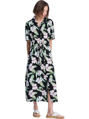 Roxy Island Escape Midi Καλοκαιρινό Καθημερινό Φόρεμα Floral Σεμιζιέ Μαύρο ERJWD03865-KVJ5