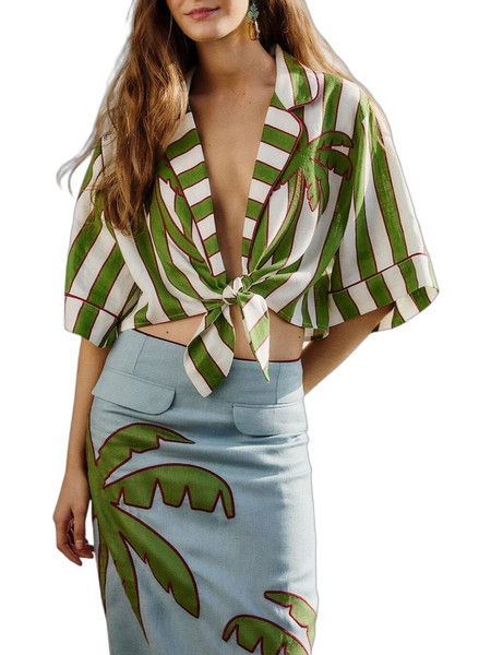 Farm Rio Γυναικείο Καλοκαιρινό Crop Top Λινό Λευκό Πράσινο 349073-26090