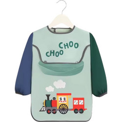 QueenMother ChooChoo Train Αδιάβροχη Σαλιάρα Ποδιά Υφασμάτινη με Αυτοκόλλητο Τσέπη & Μανίκια 6m+ Πράσινο Mint