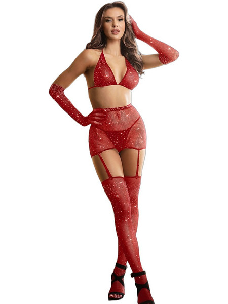 Kinksters Sexy Two Piece Set Διχτυωτό με Ζαρτιέρες Κόκκινο H350721113