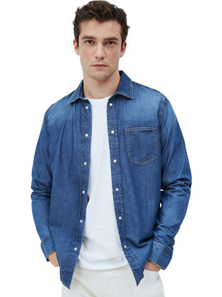 Pepe Jeans Ανδρικό Πουκάμισο Τζιν Μακρυμάνικο Κανονική Γραμμή Overshirt Μπλε PM306809WM6-000