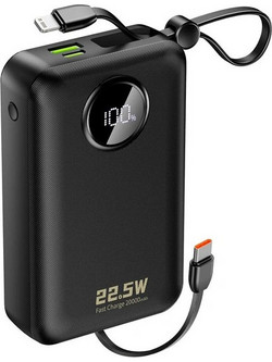 Dudao K14+ Power Bank 20000mAh 22.5W με Ενσωματωμένα Καλώδια USB-C & Lightning Quick Charge 3.0 & Power Delivery Black