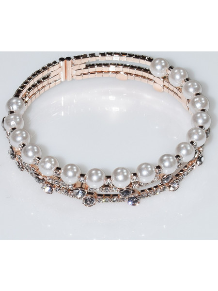 Βραχιόλι φο μπιζού ορείχαλκος bangle με πέρλες και κρυστάλλους σε απαλό χρυσό χρώμα BZ-BR-00433