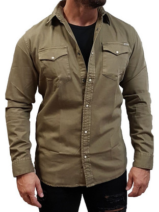 Jack & Jones Ανδρικό Πουκάμισο Τζιν Μακρυμάνικο Slim Fit Χακί 12138115