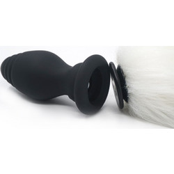 Wireless Silicone Anal Plug with Tail, 10 Vibrating Modes, USB Rechargeable - Black / White