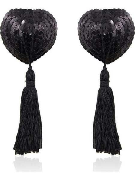 Self-Adhesive Heart Sequin Nipple Cover with Tassel Black
