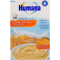 Humana Βρεφική Κρέμα 5 Δημητριακά & Μπισκότο 6m+ Χωρίς Ζάχαρη 200gr