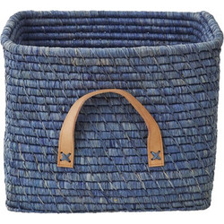 Rice - Small Square Raffia Basket with Leather Handles - Blue