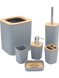 Σετ μπάνιου πλαστικό 6 τεμ Γκρι με bamboo - KESKOR 42665-1