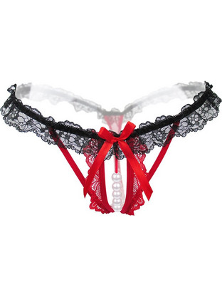 Sexy Crotchless Pearl Massage Lace Panty T-back Red