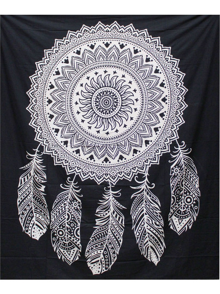 B&W Double Cotton Bedspread + Wall Hanging - Dreamcatcher